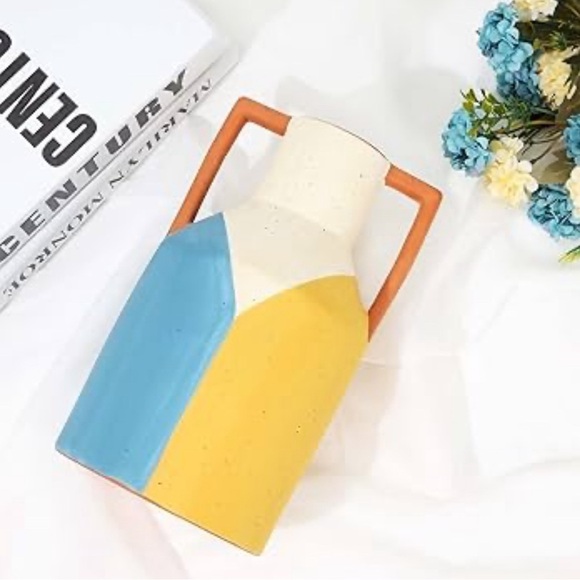 COCOLORIST Ceramic Vase w/ Handles Blue Yellow Cream - Handmade - Picture 11 of 12